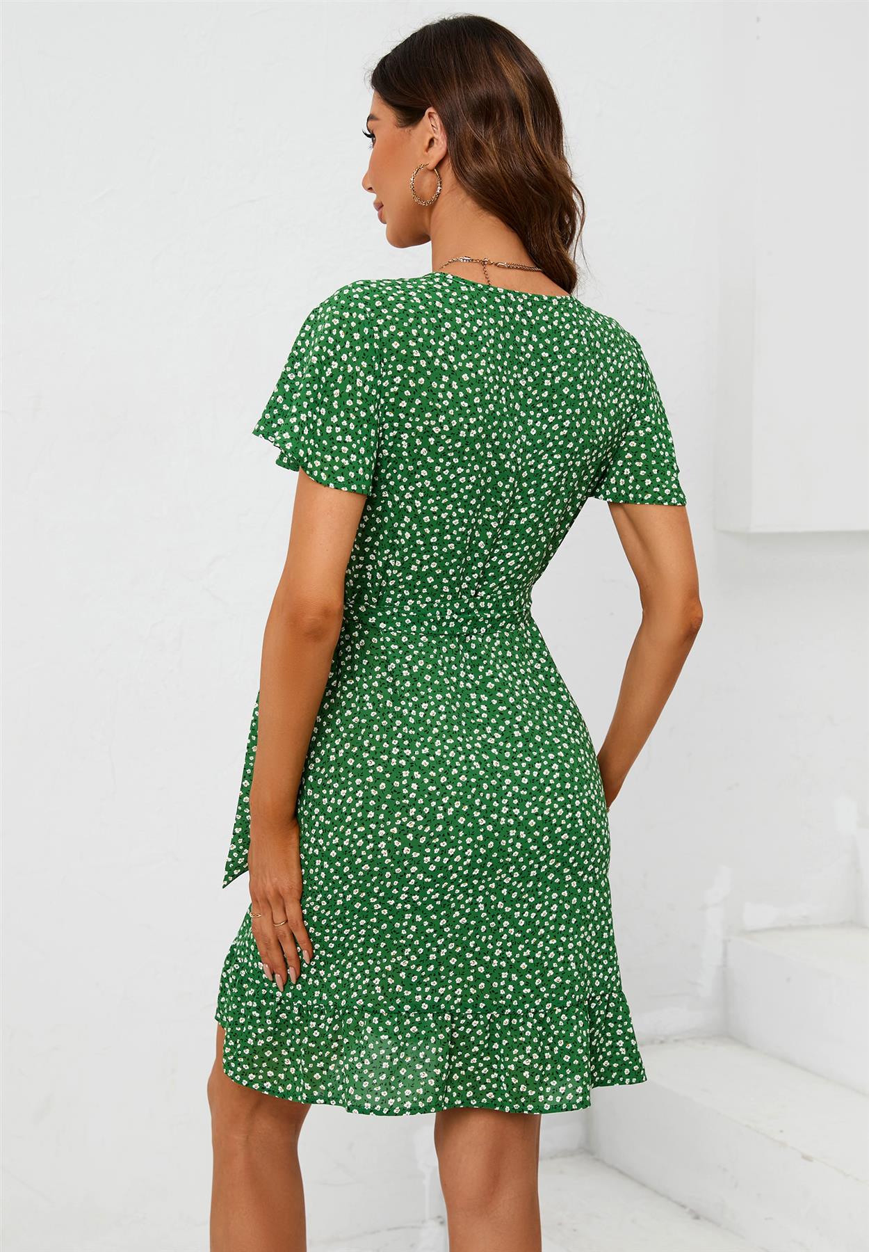 Floral Print Mini Wrap Dress In Green - AXON