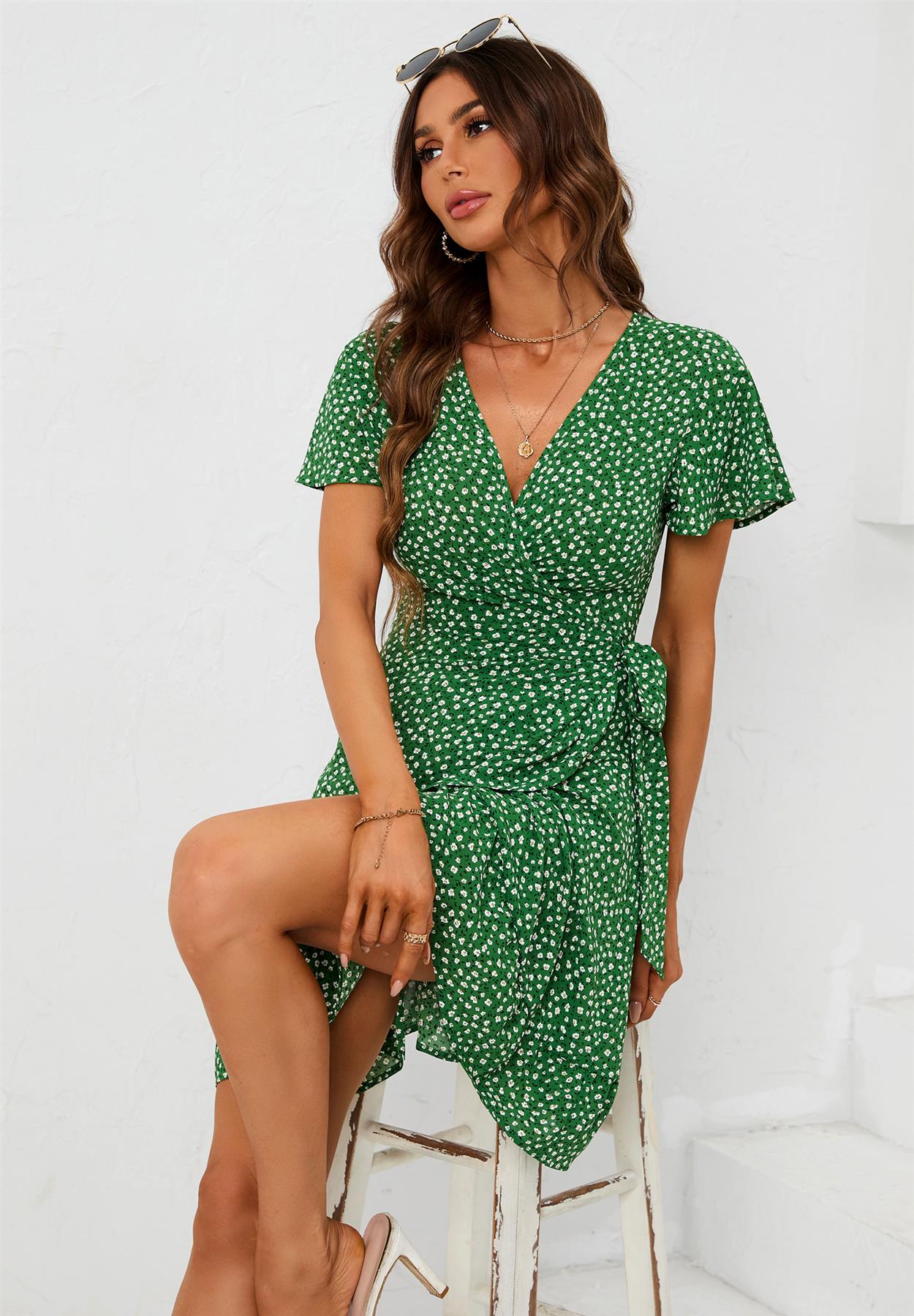 Floral Print Mini Wrap Dress In Green - AXON