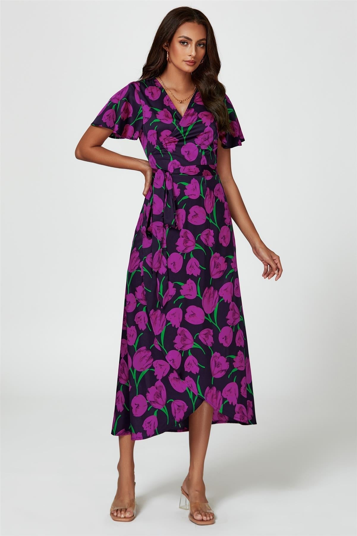 Floral Print Satin Wrap Maxi Dress In Magenta - AXON