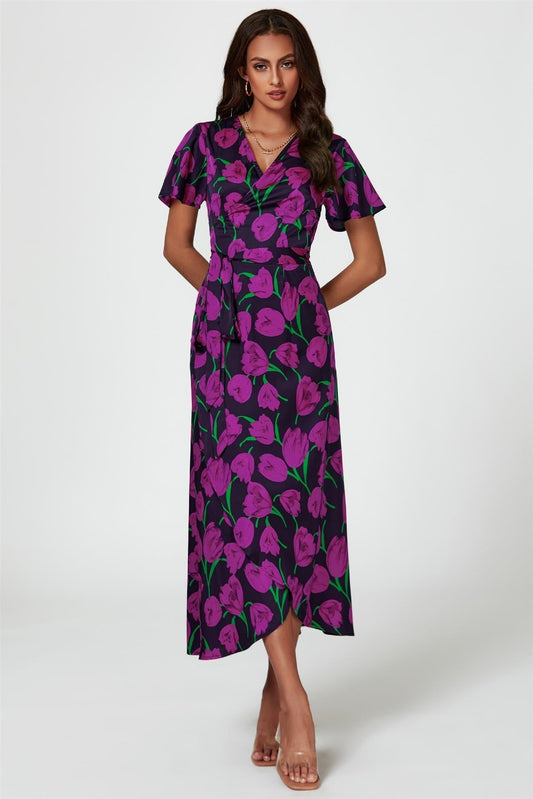 Floral Print Satin Wrap Maxi Dress In Magenta - AXON