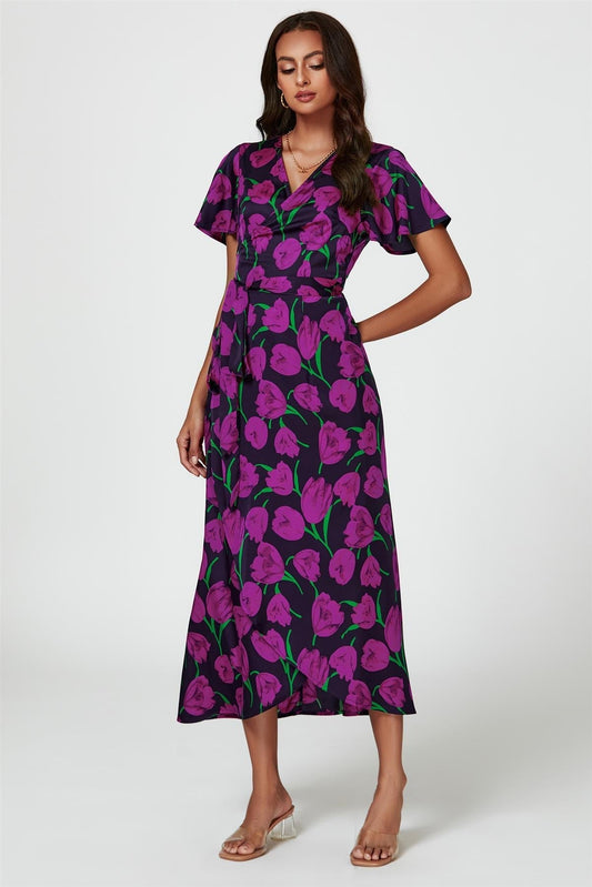 Floral Print Satin Wrap Maxi Dress In Magenta - AXON