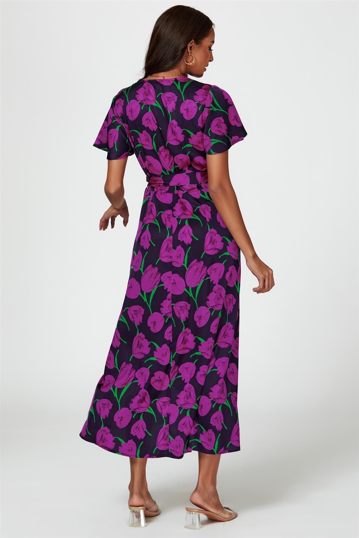 Floral Print Satin Wrap Maxi Dress In Magenta - AXON
