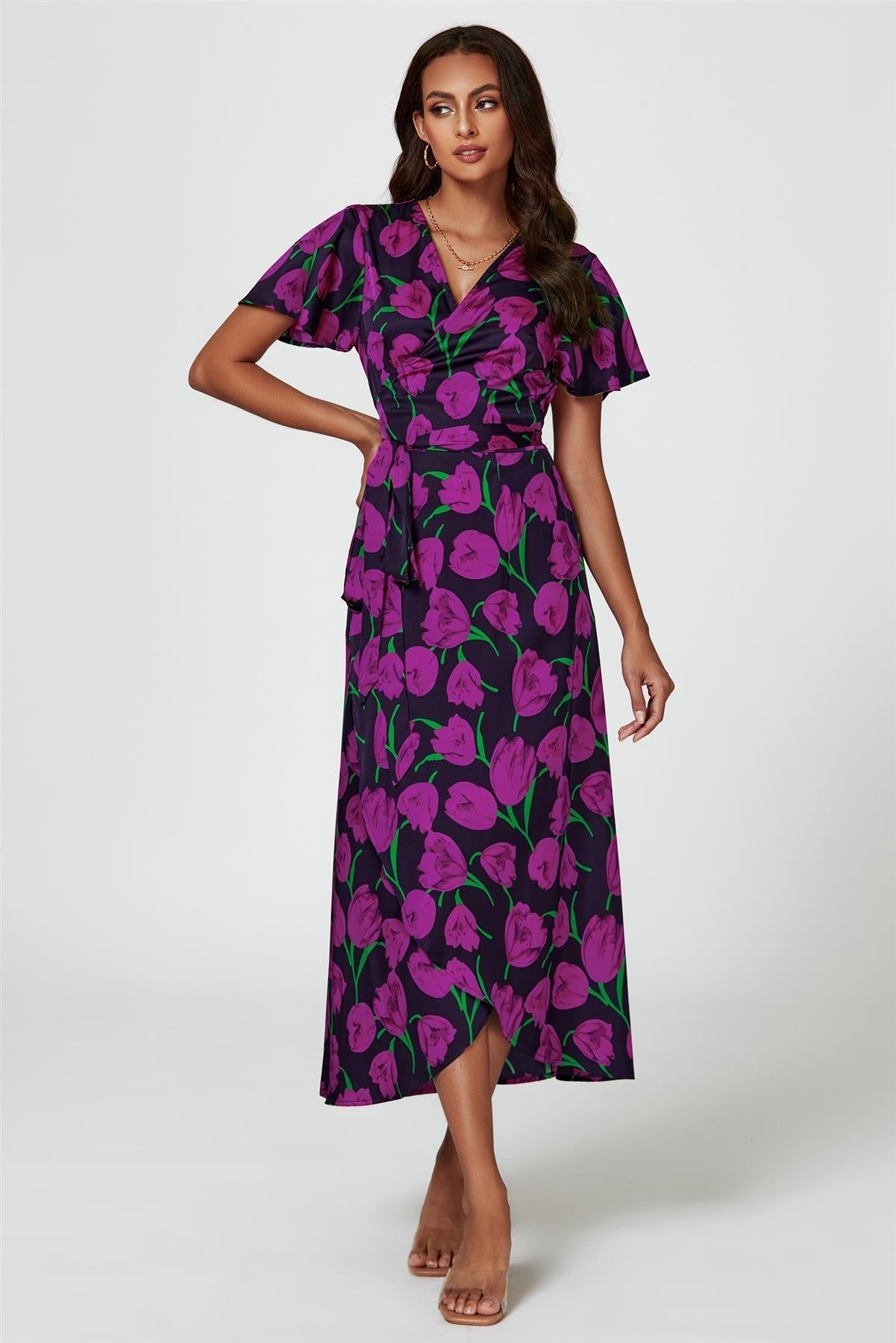 Floral Print Satin Wrap Maxi Dress In Magenta - AXON