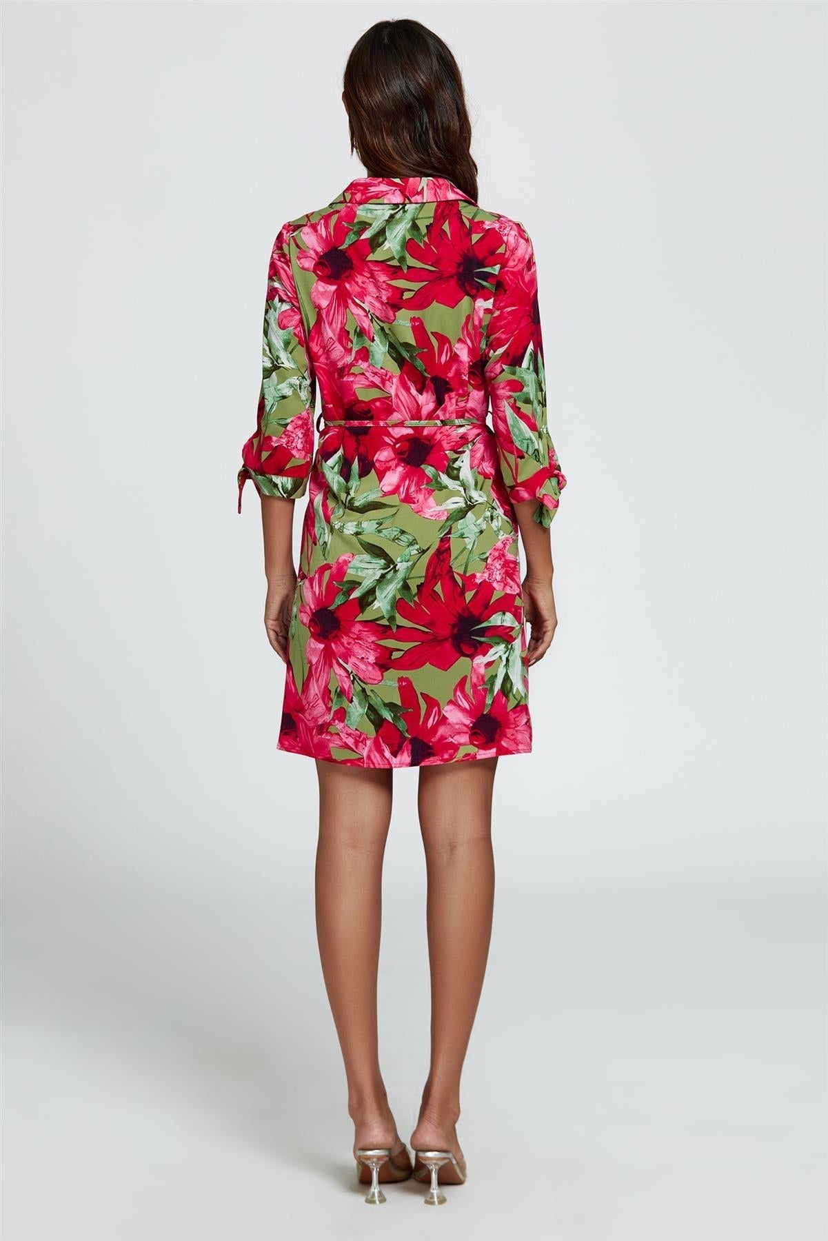 Floral Print Shirt Mini Dress In Red - AXON