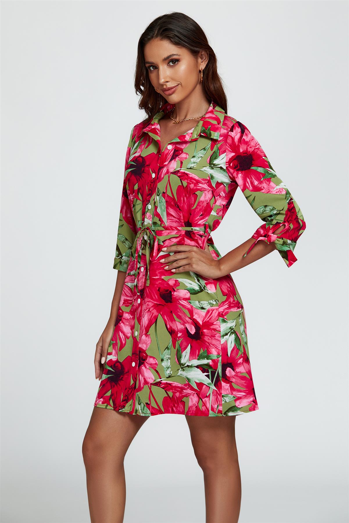 Floral Print Shirt Mini Dress In Red - AXON