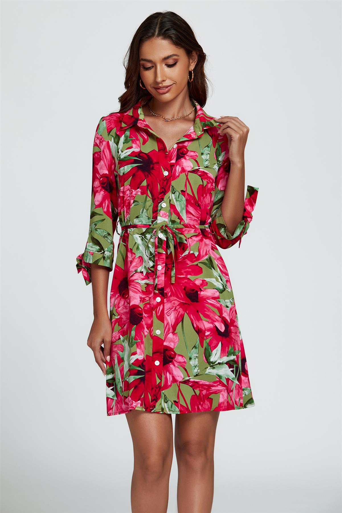 Floral Print Shirt Mini Dress In Red - AXON