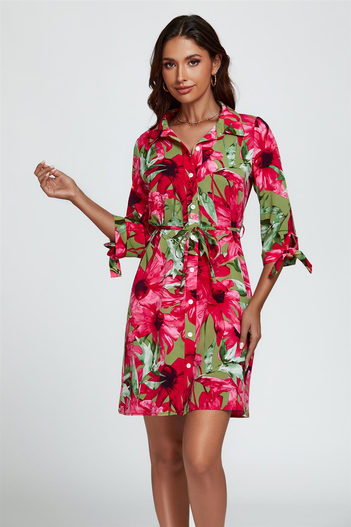 Floral Print Shirt Mini Dress In Red - AXON