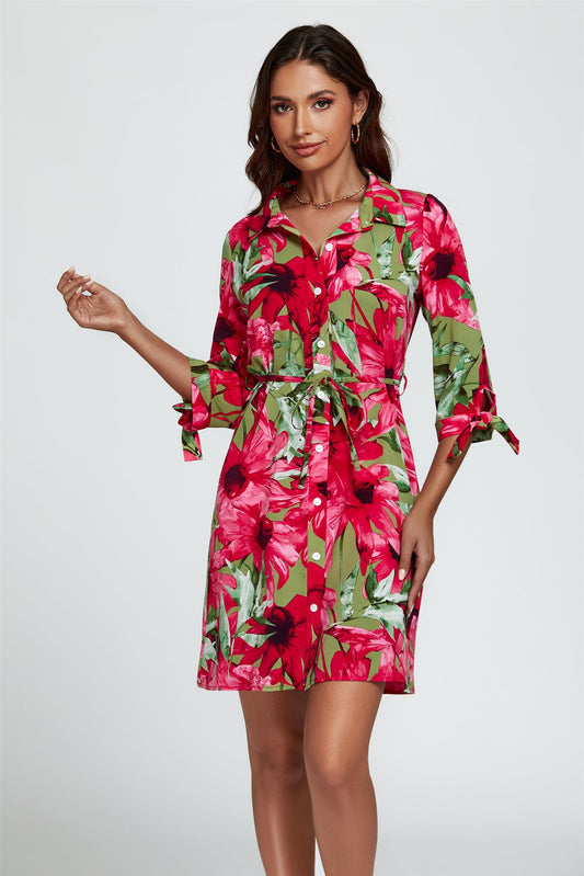Floral Print Shirt Mini Dress In Red - AXON