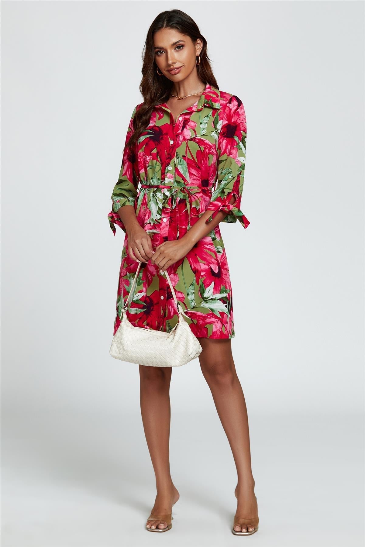 Floral Print Shirt Mini Dress In Red - AXON
