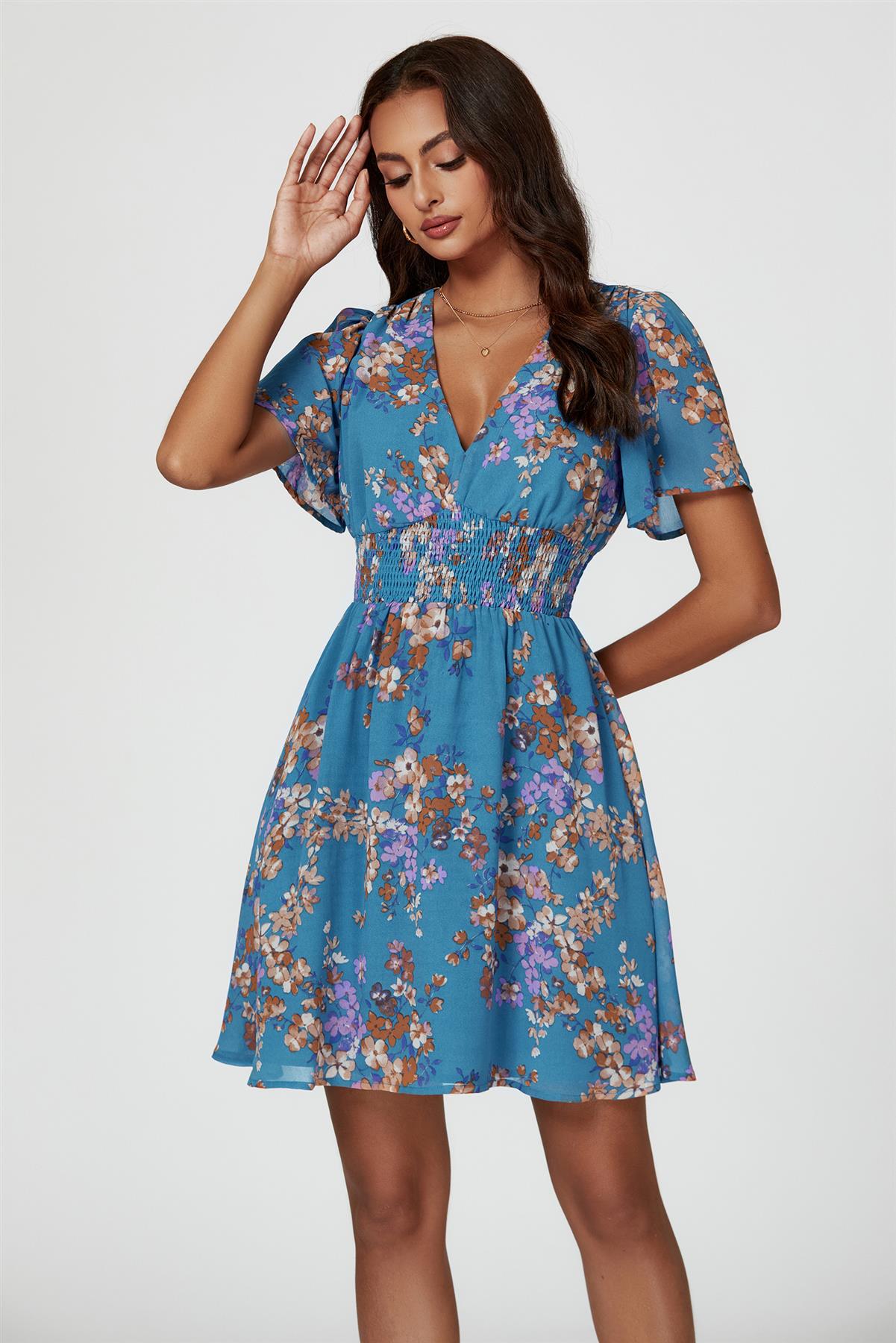 Floral Print Short Sleeve Mini Dress In Blue - AXON