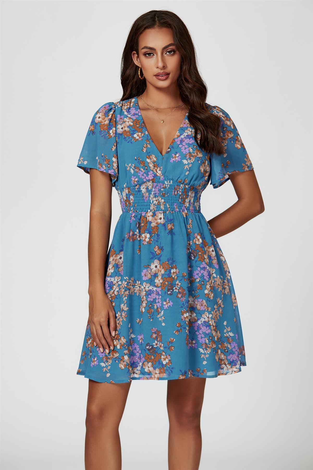 Floral Print Short Sleeve Mini Dress In Blue - AXON