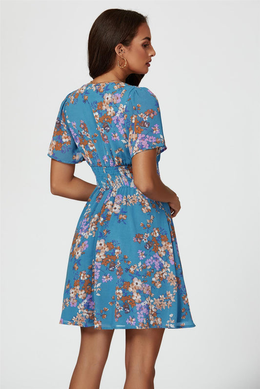 Floral Print Short Sleeve Mini Dress In Blue - AXON