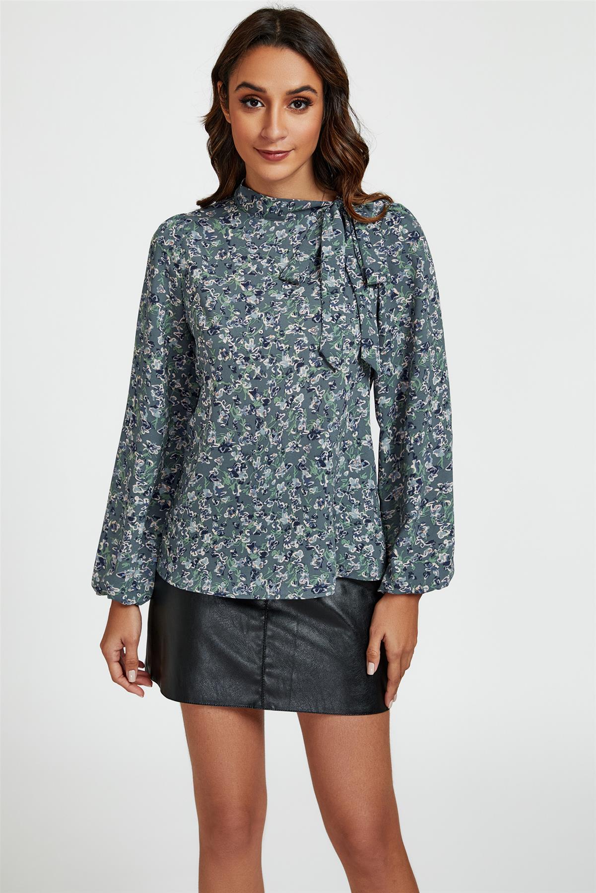 Floral Print Side Tie Blouse Top In Blue - AXON
