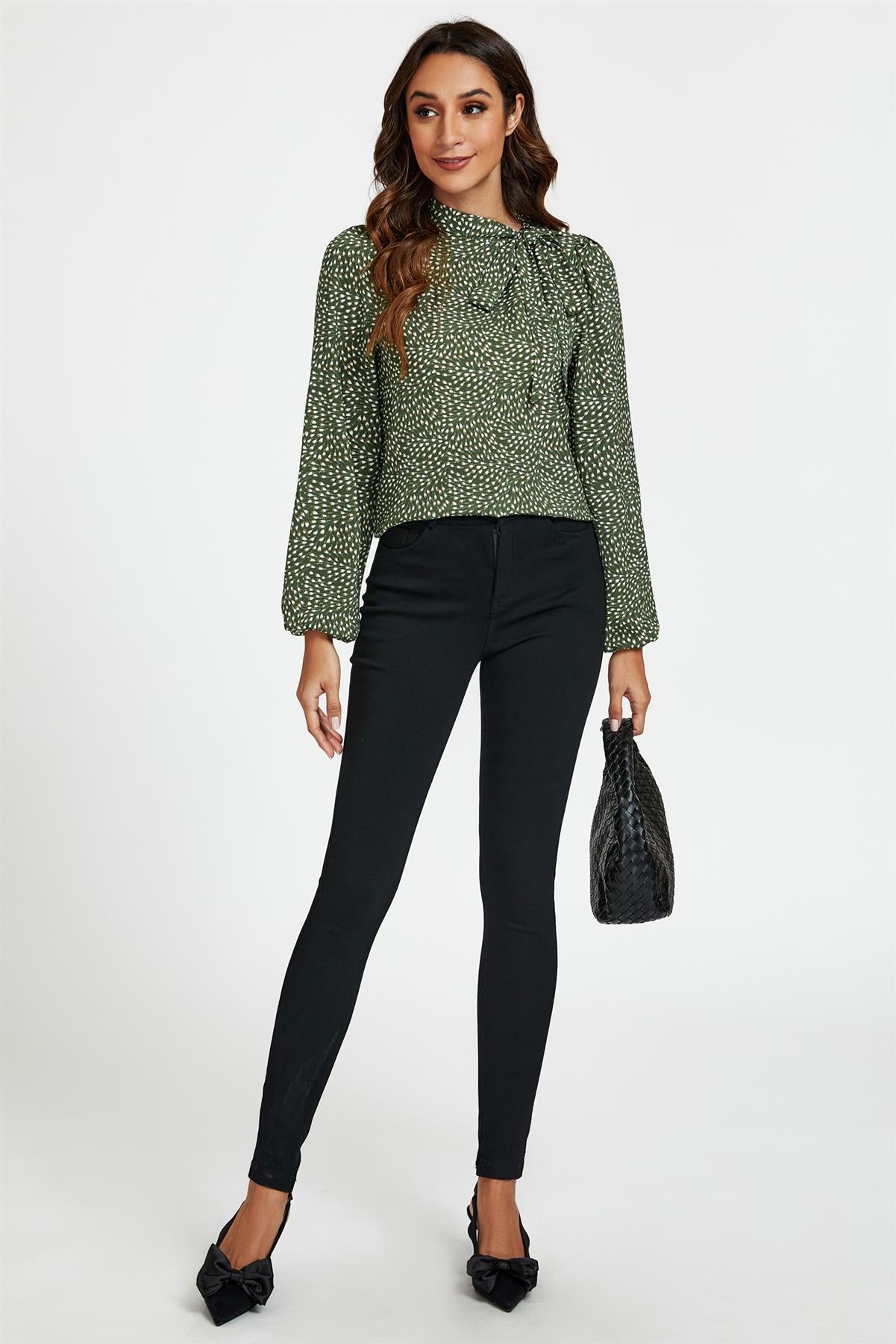 Floral Print Side Tie Blouse Top In Olive - AXON