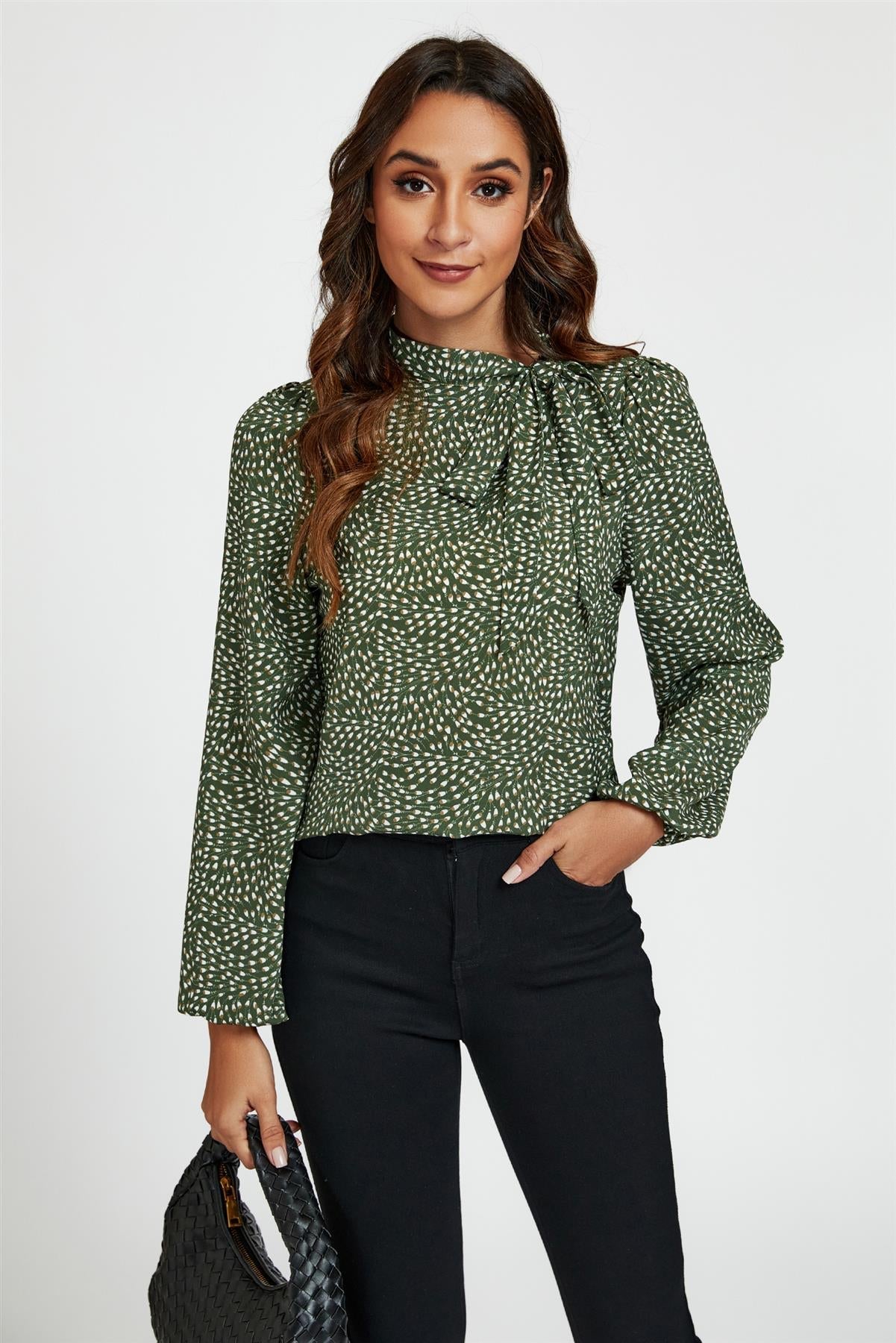 Floral Print Side Tie Blouse Top In Olive - AXON