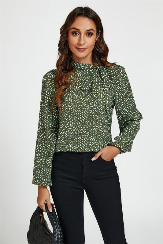 Floral Print Side Tie Blouse Top In Olive - AXON