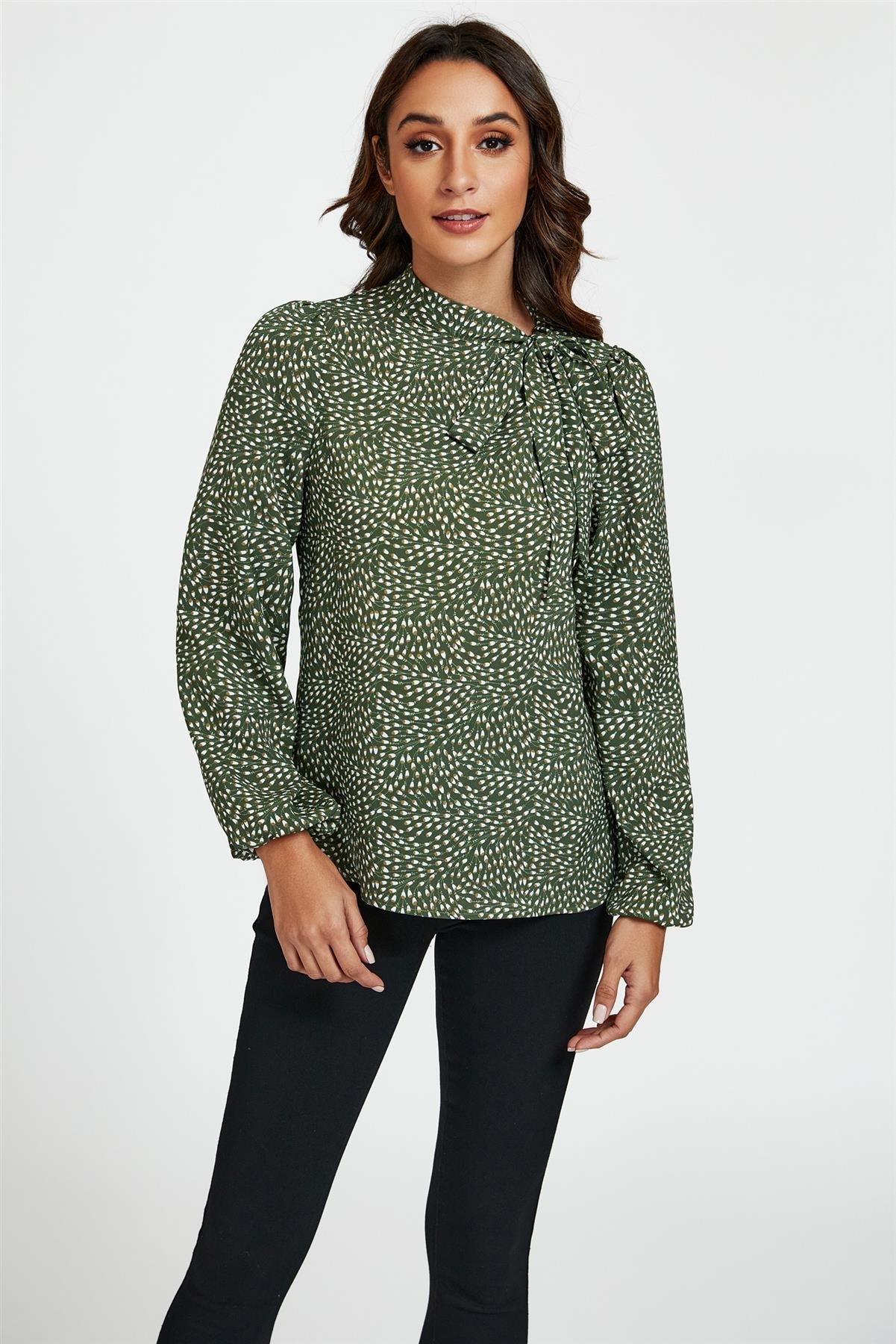 Floral Print Side Tie Blouse Top In Olive - AXON