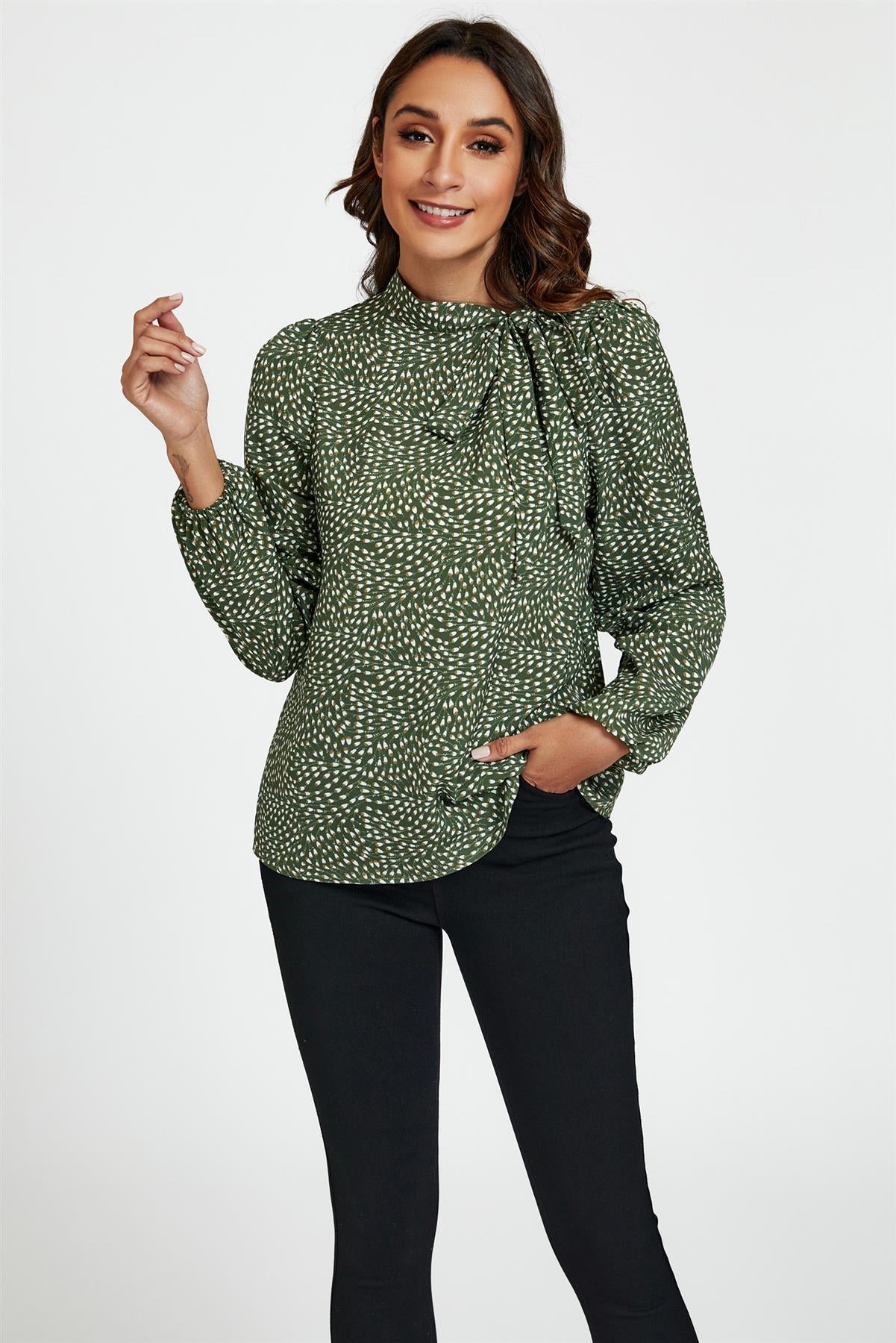 Floral Print Side Tie Blouse Top In Olive - AXON