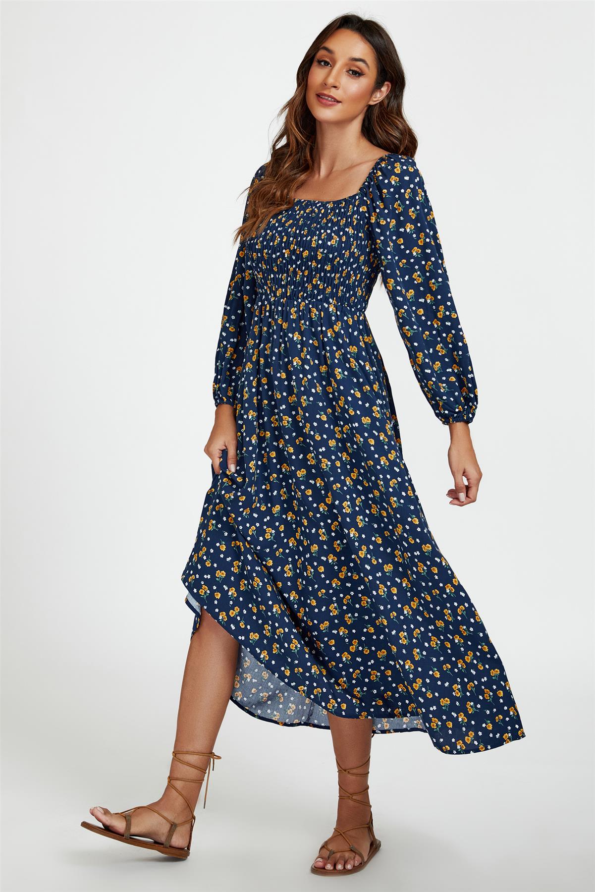 Floral Print Square Neck Maxi Dress In Dark Blue - AXON
