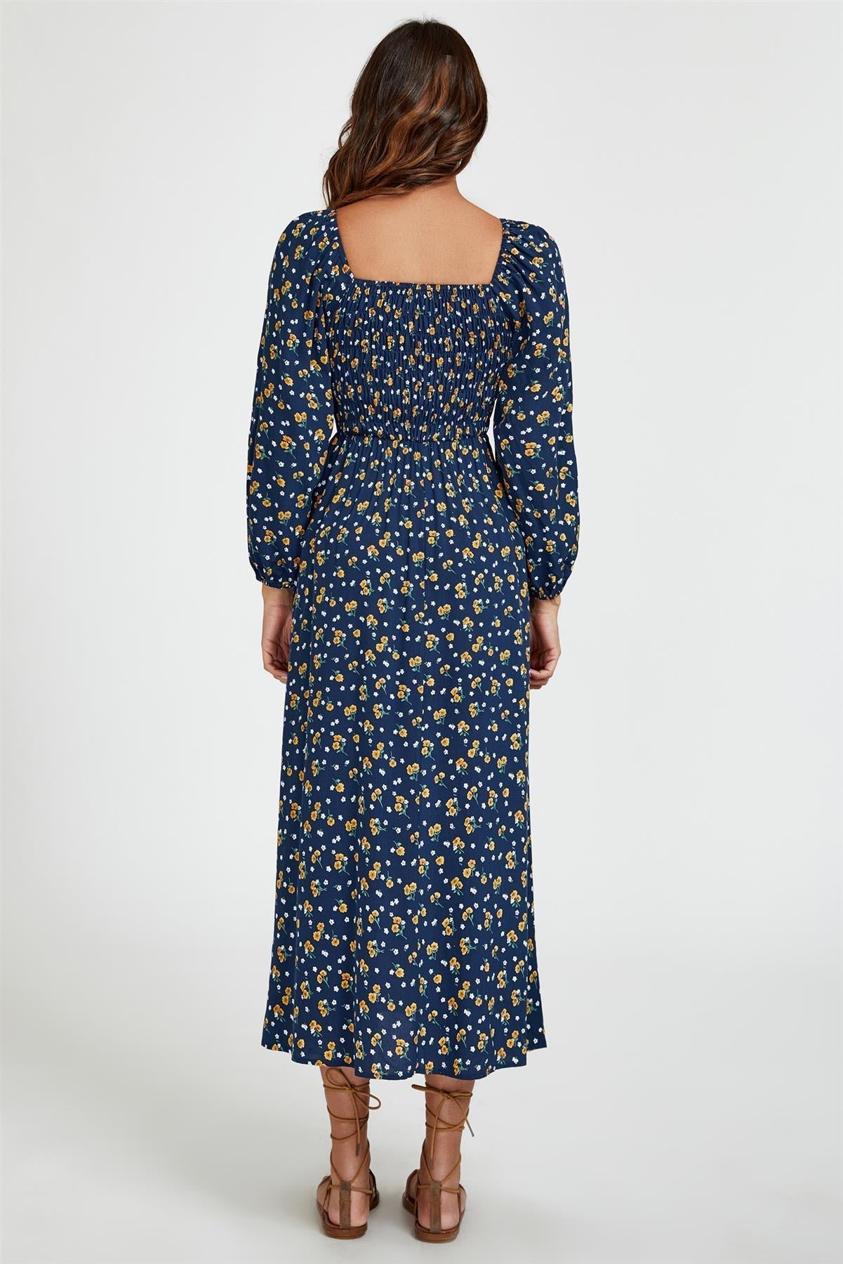 Floral Print Square Neck Maxi Dress In Dark Blue - AXON