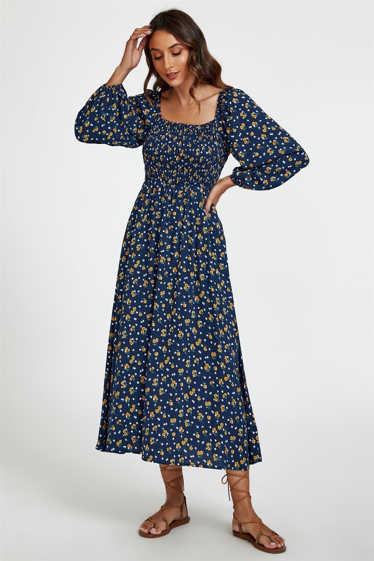 Floral Print Square Neck Maxi Dress In Dark Blue - AXON