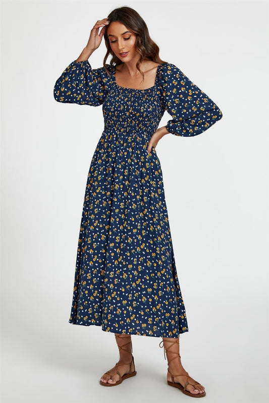 Floral Print Square Neck Maxi Dress In Dark Blue - AXON