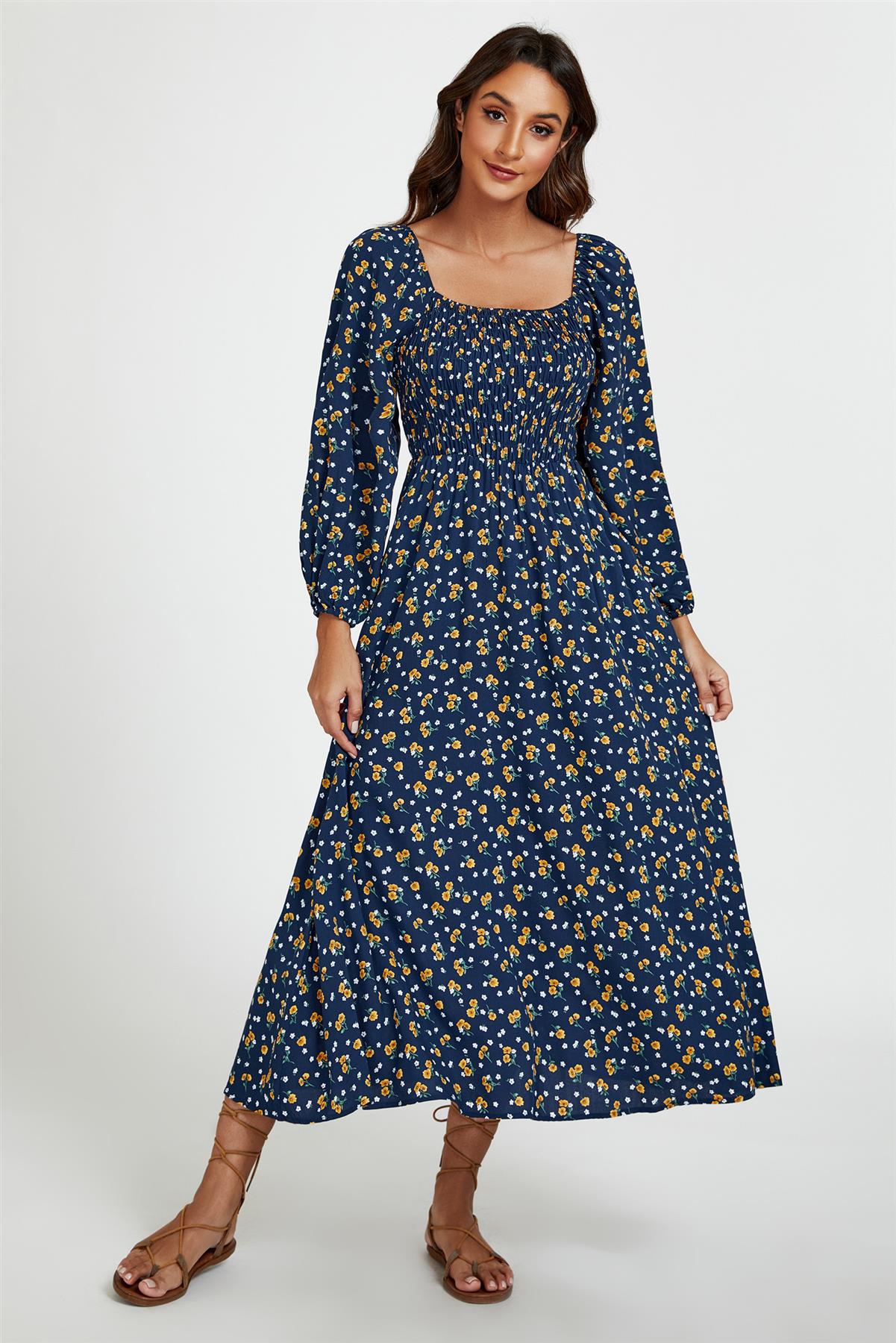 Floral Print Square Neck Maxi Dress In Dark Blue - AXON