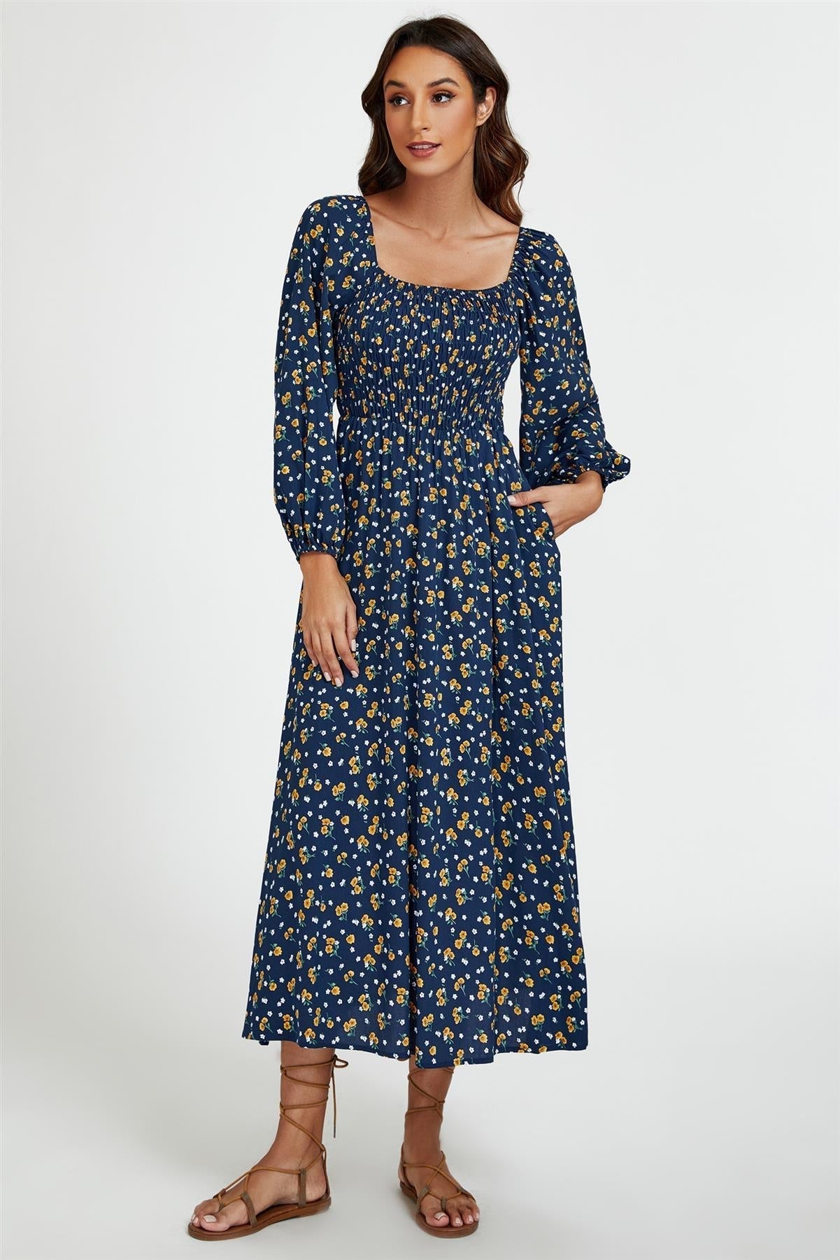 Floral Print Square Neck Maxi Dress In Dark Blue - AXON