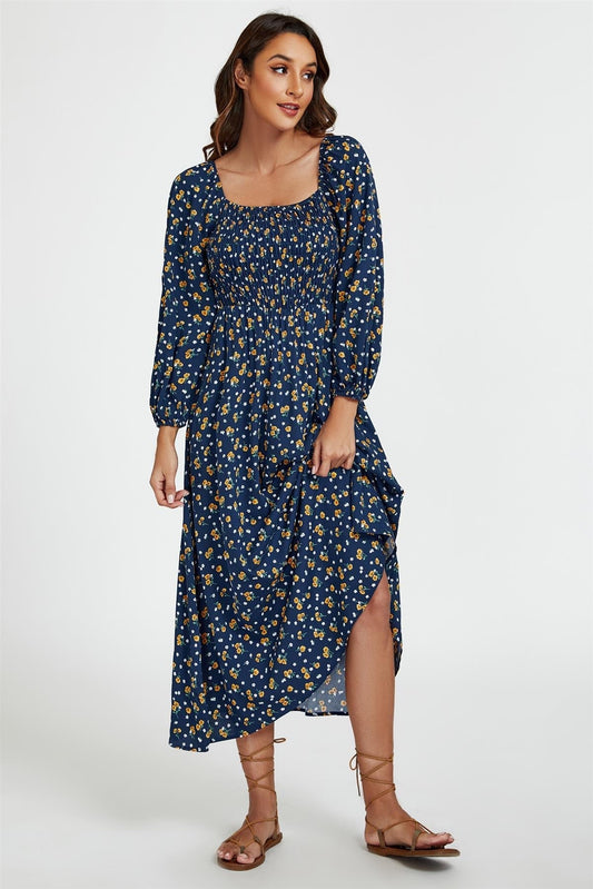 Floral Print Square Neck Maxi Dress In Dark Blue - AXON