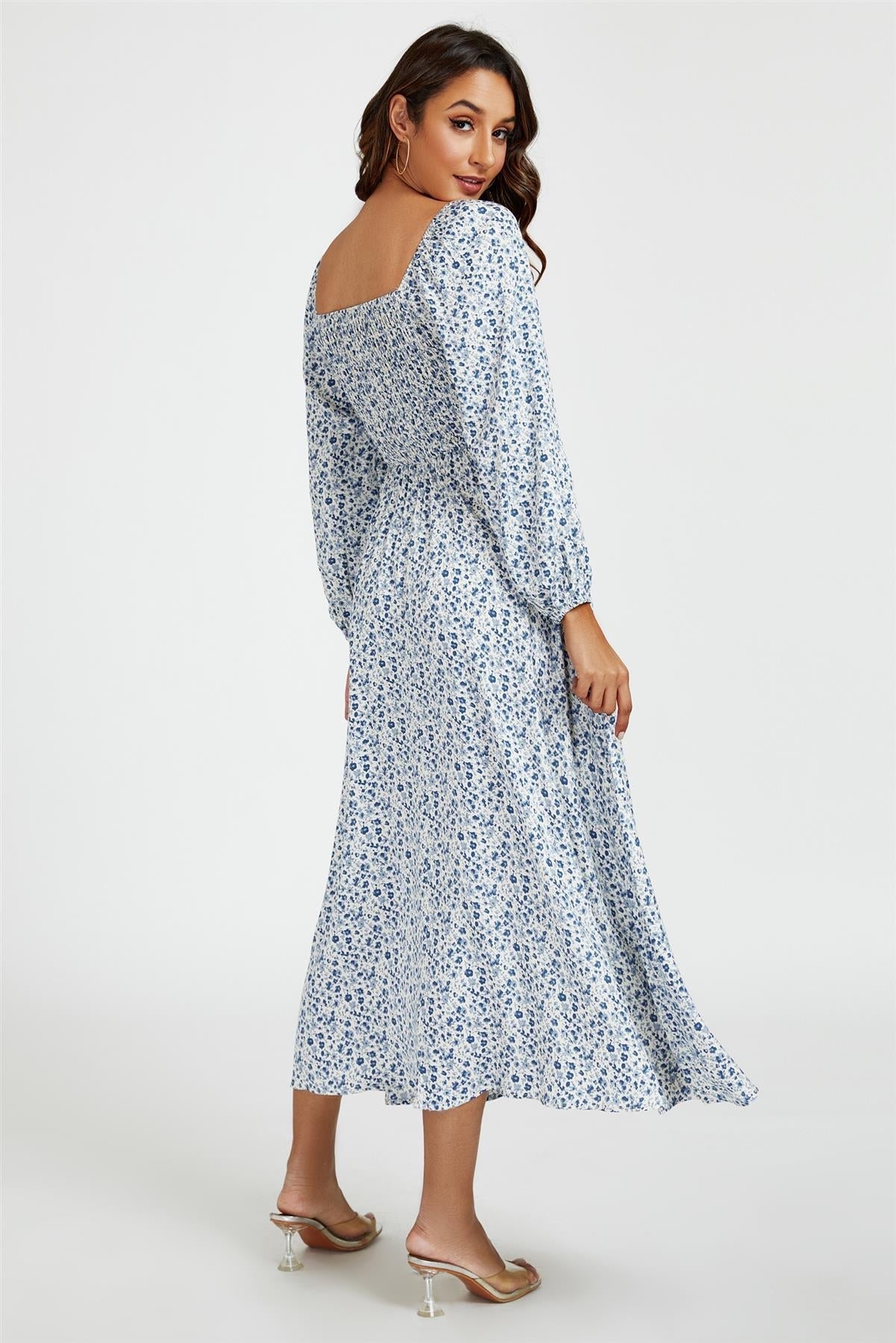 Floral Print Square Neck Maxi Dress In Light Blue - AXON