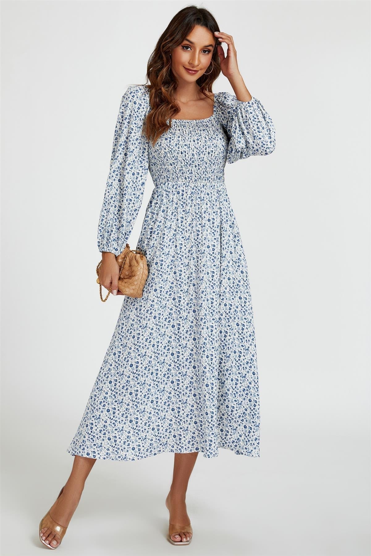 Floral Print Square Neck Maxi Dress In Light Blue - AXON