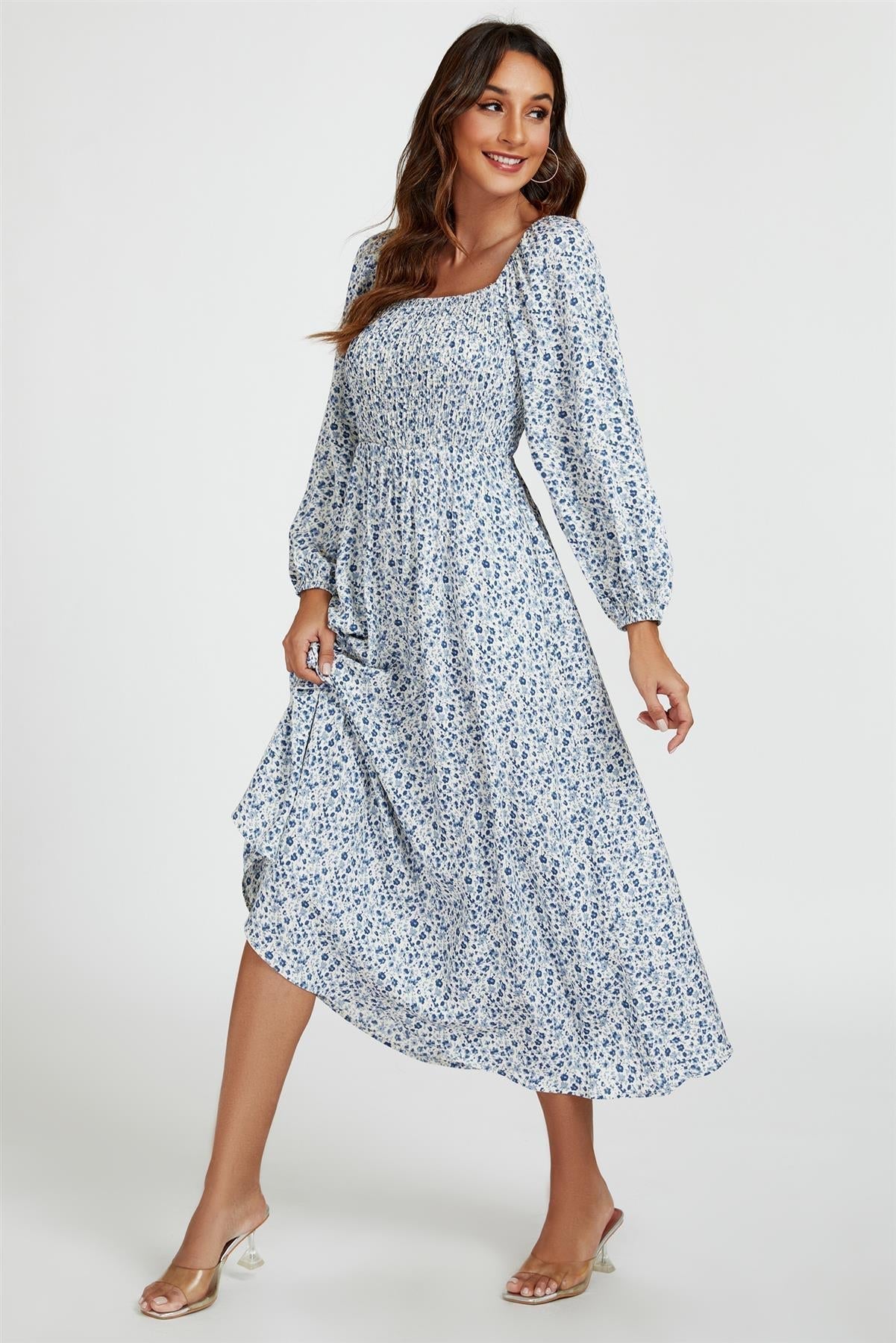 Floral Print Square Neck Maxi Dress In Light Blue - AXON