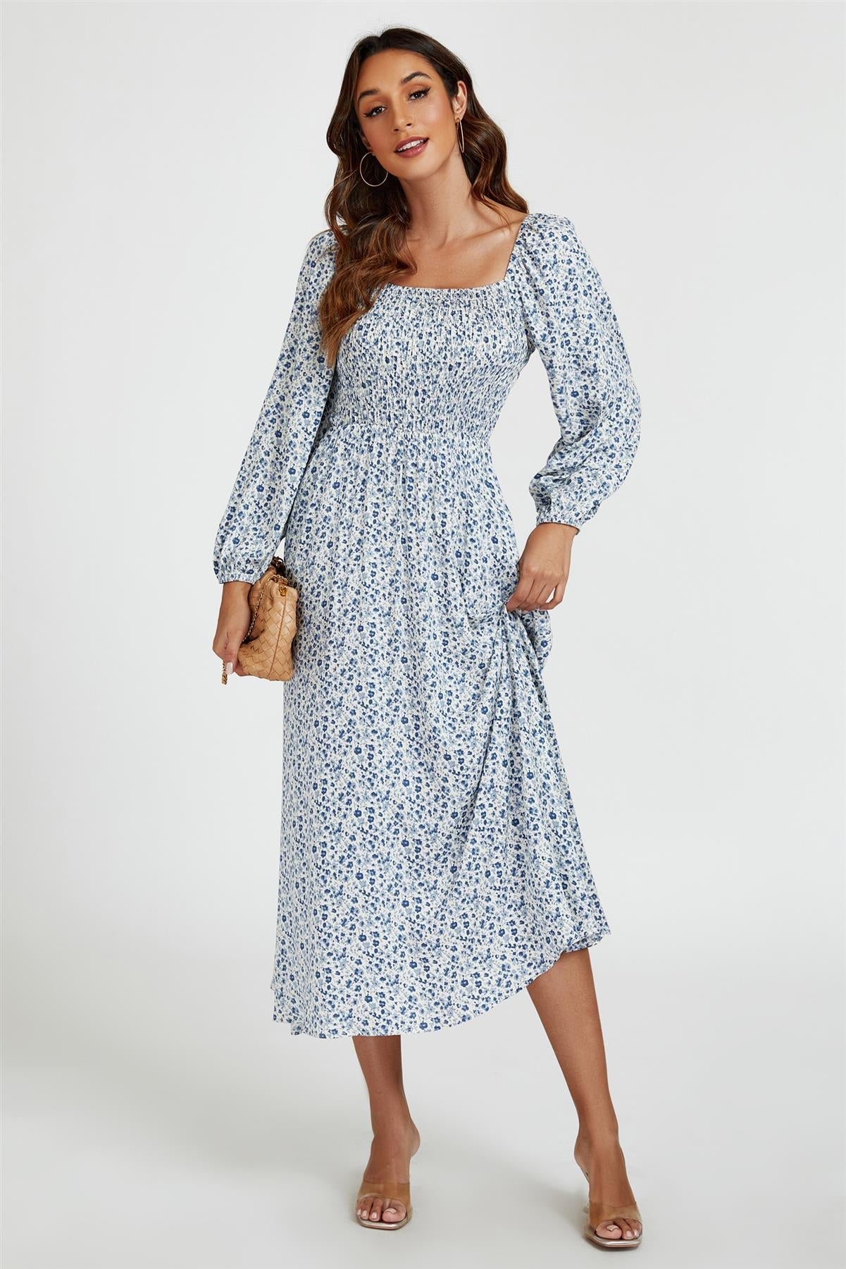 Floral Print Square Neck Maxi Dress In Light Blue - AXON