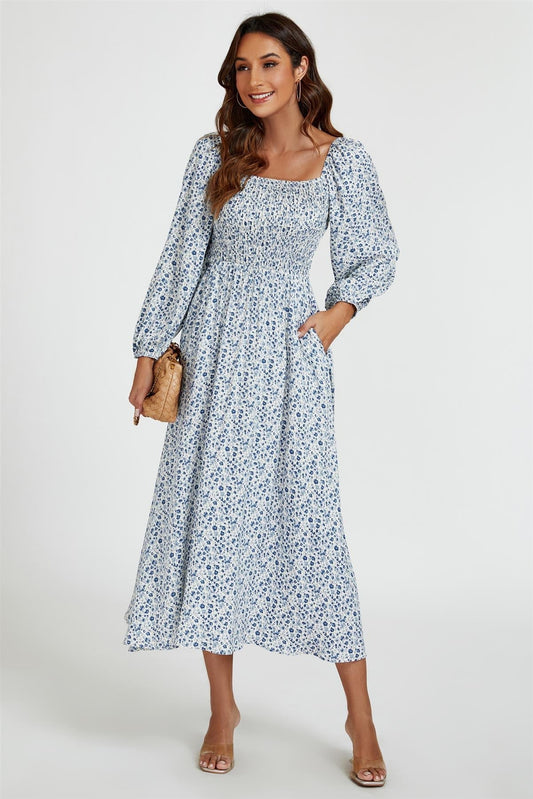 Floral Print Square Neck Maxi Dress In Light Blue - AXON