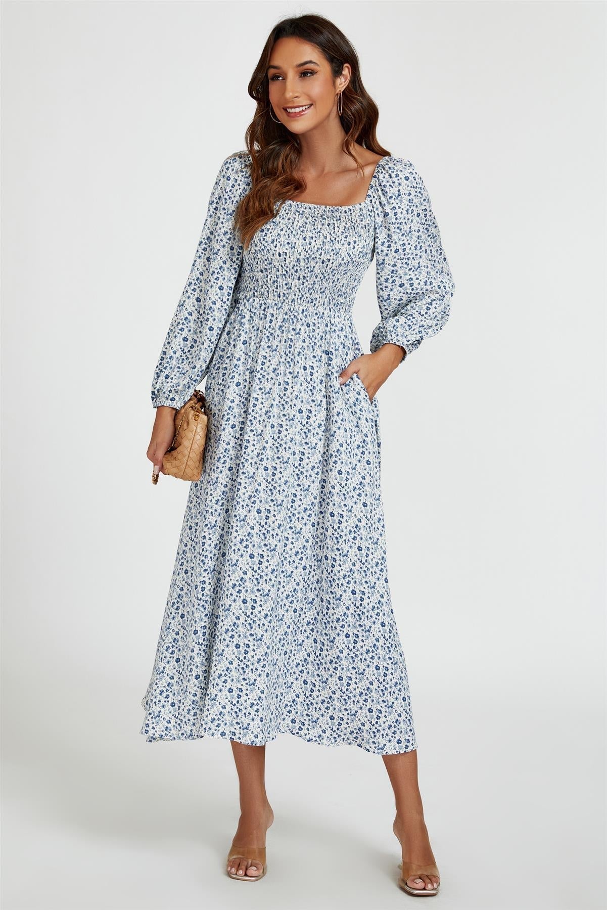 Floral Print Square Neck Maxi Dress In Light Blue - AXON