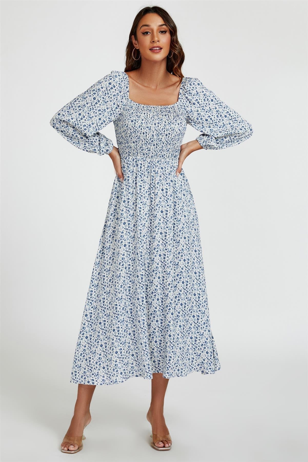 Floral Print Square Neck Maxi Dress In Light Blue - AXON