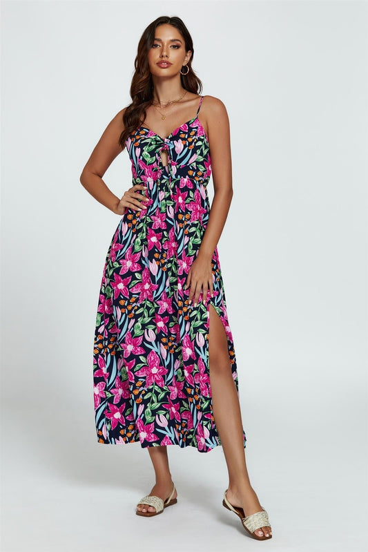 Floral Print Tie Front Maxi Dress In Black - AXON