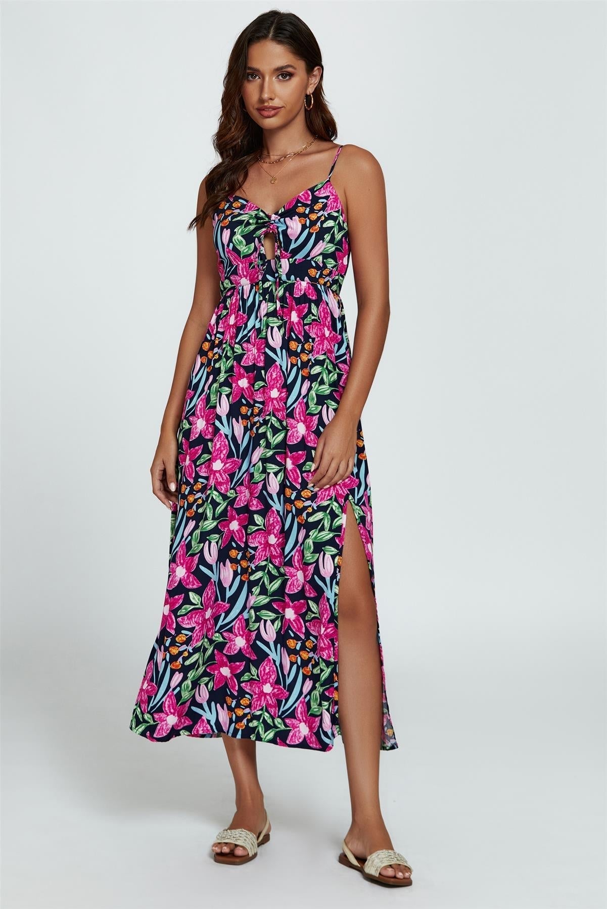 Floral Print Tie Front Maxi Dress In Black - AXON