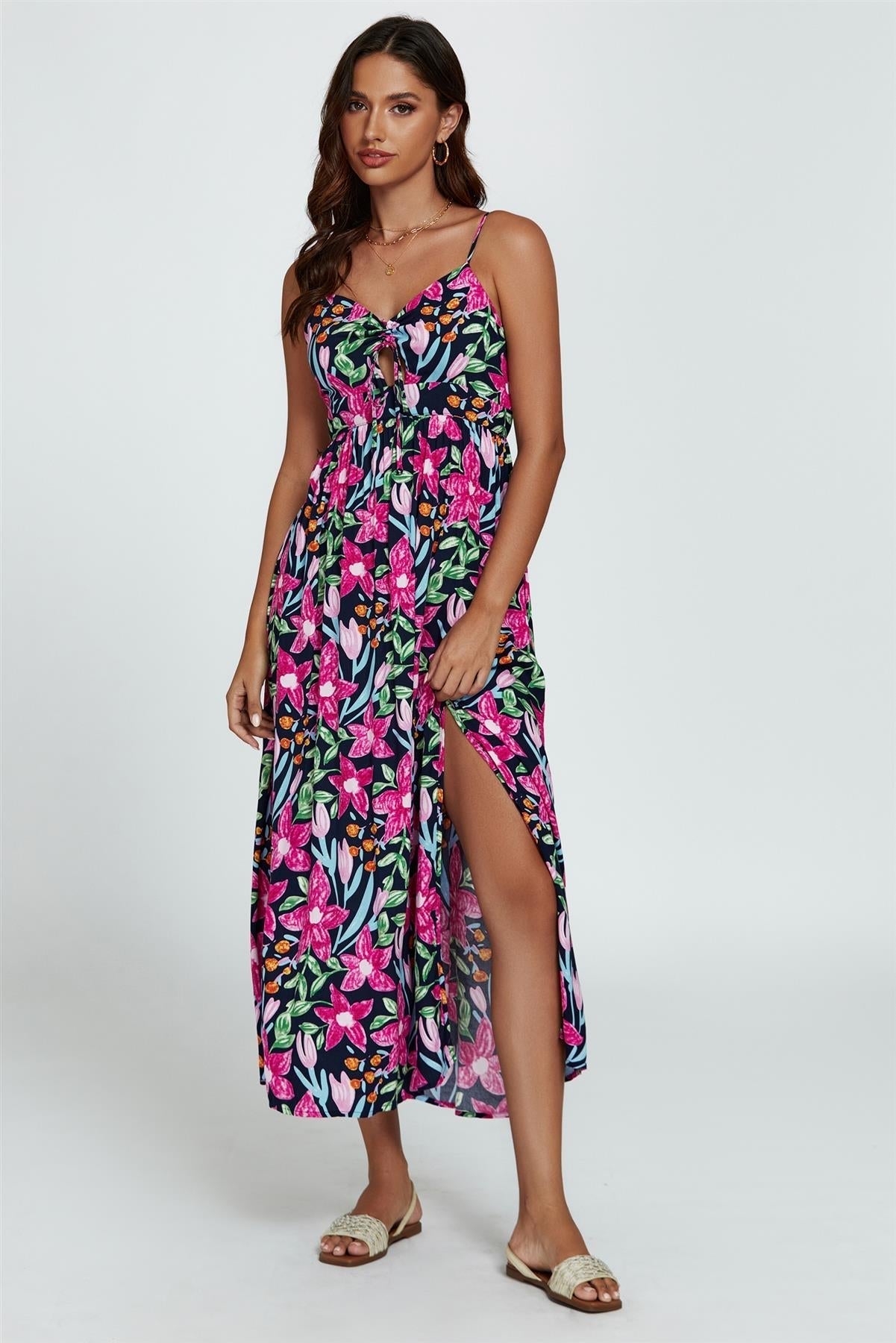 Floral Print Tie Front Maxi Dress In Black - AXON