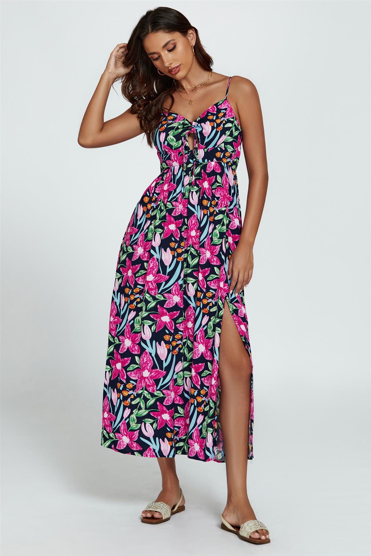 Floral Print Tie Front Maxi Dress In Black - AXON