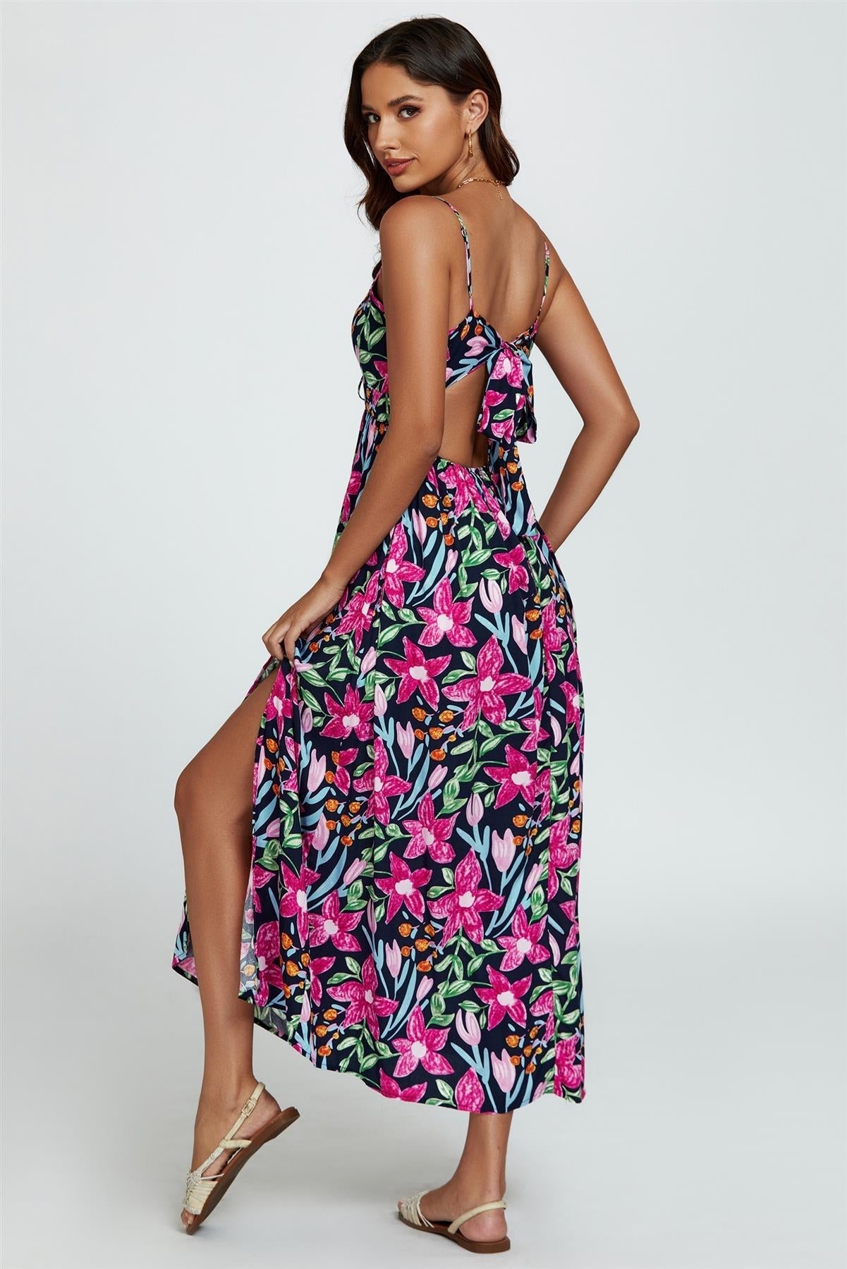 Floral Print Tie Front Maxi Dress In Black - AXON