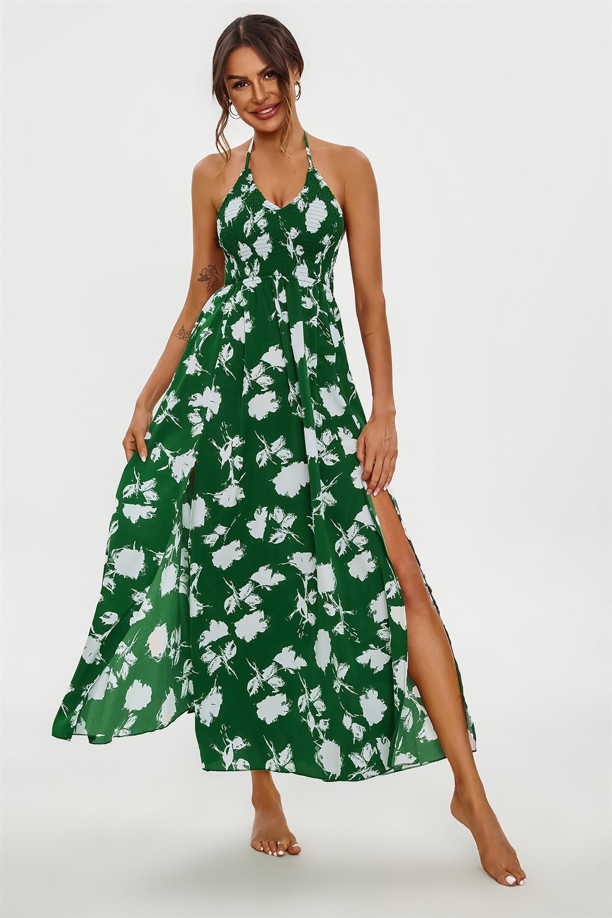 Floral Print Tie Halterneck Back Detail Maxi Dress In Green - AXON