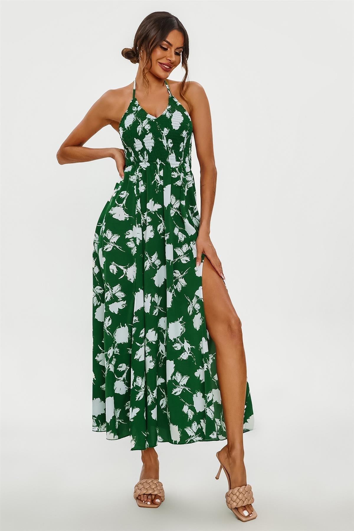 Floral Print Tie Halterneck Back Detail Maxi Dress In Green - AXON