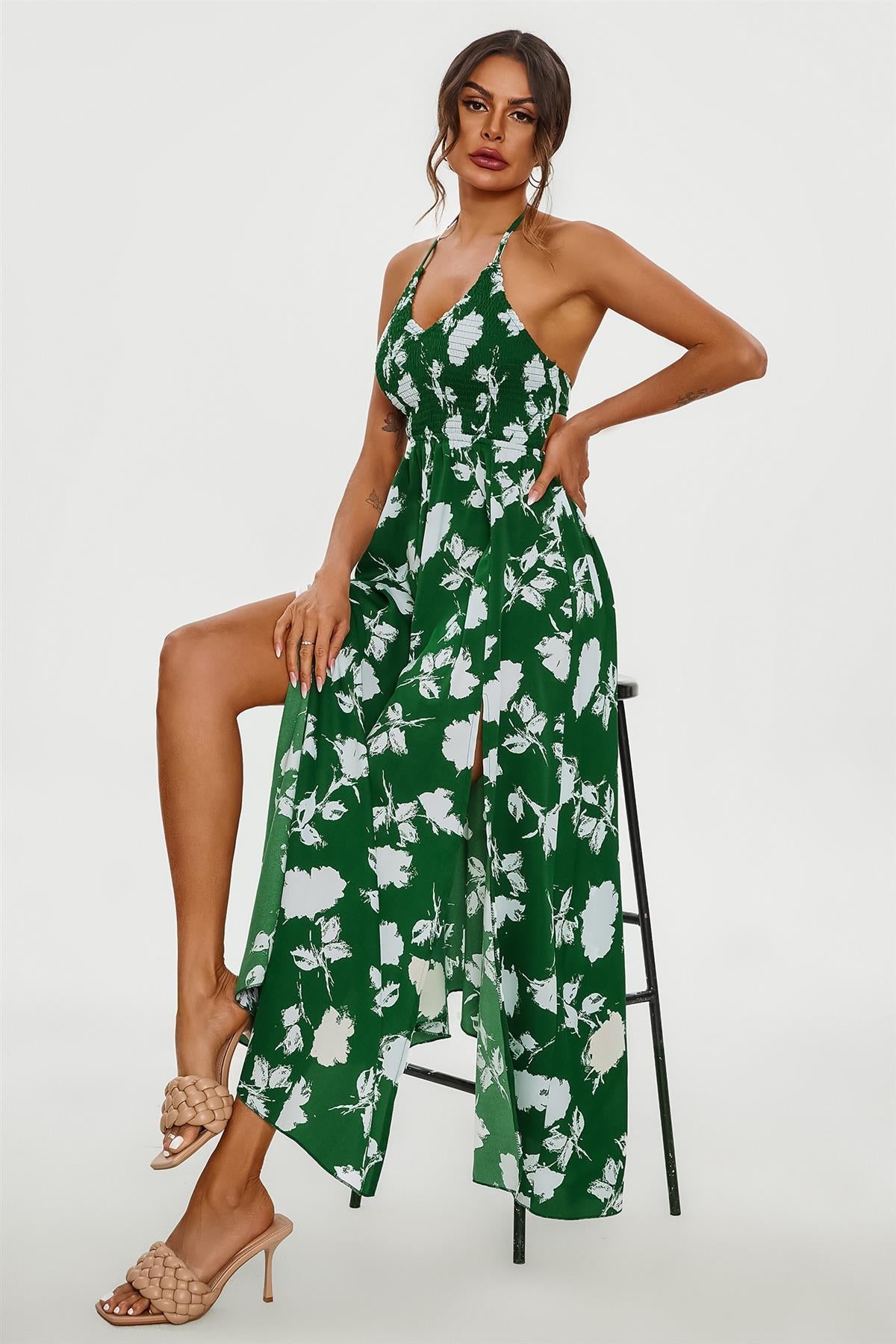 Floral Print Tie Halterneck Back Detail Maxi Dress In Green - AXON