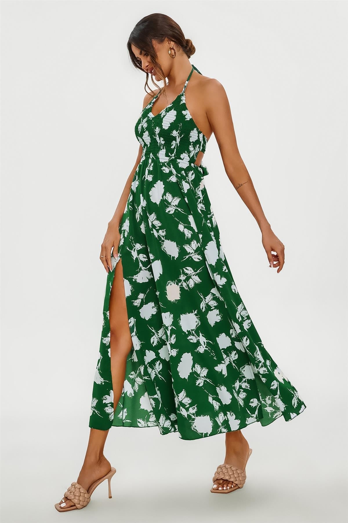 Floral Print Tie Halterneck Back Detail Maxi Dress In Green - AXON
