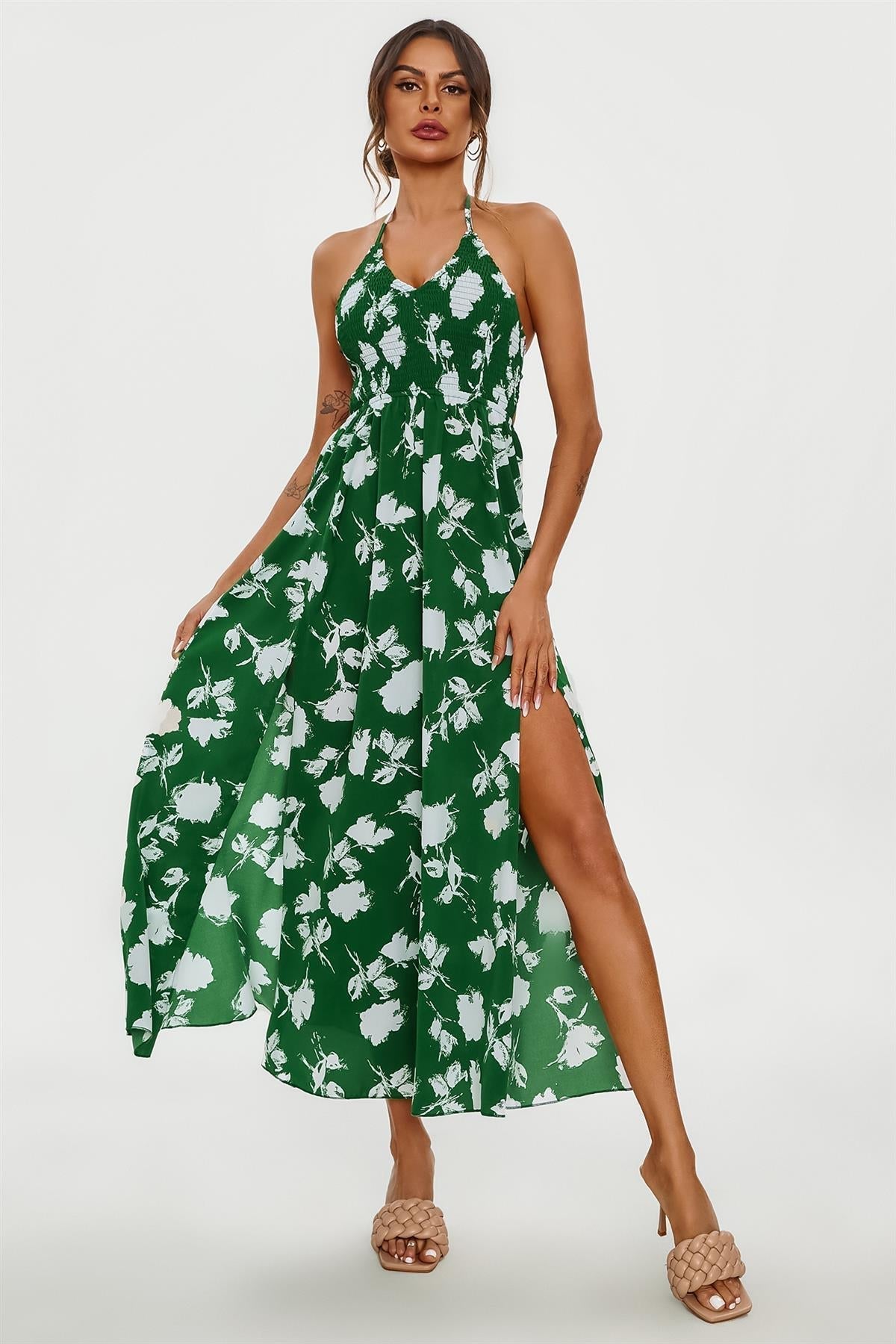 Floral Print Tie Halterneck Back Detail Maxi Dress In Green - AXON