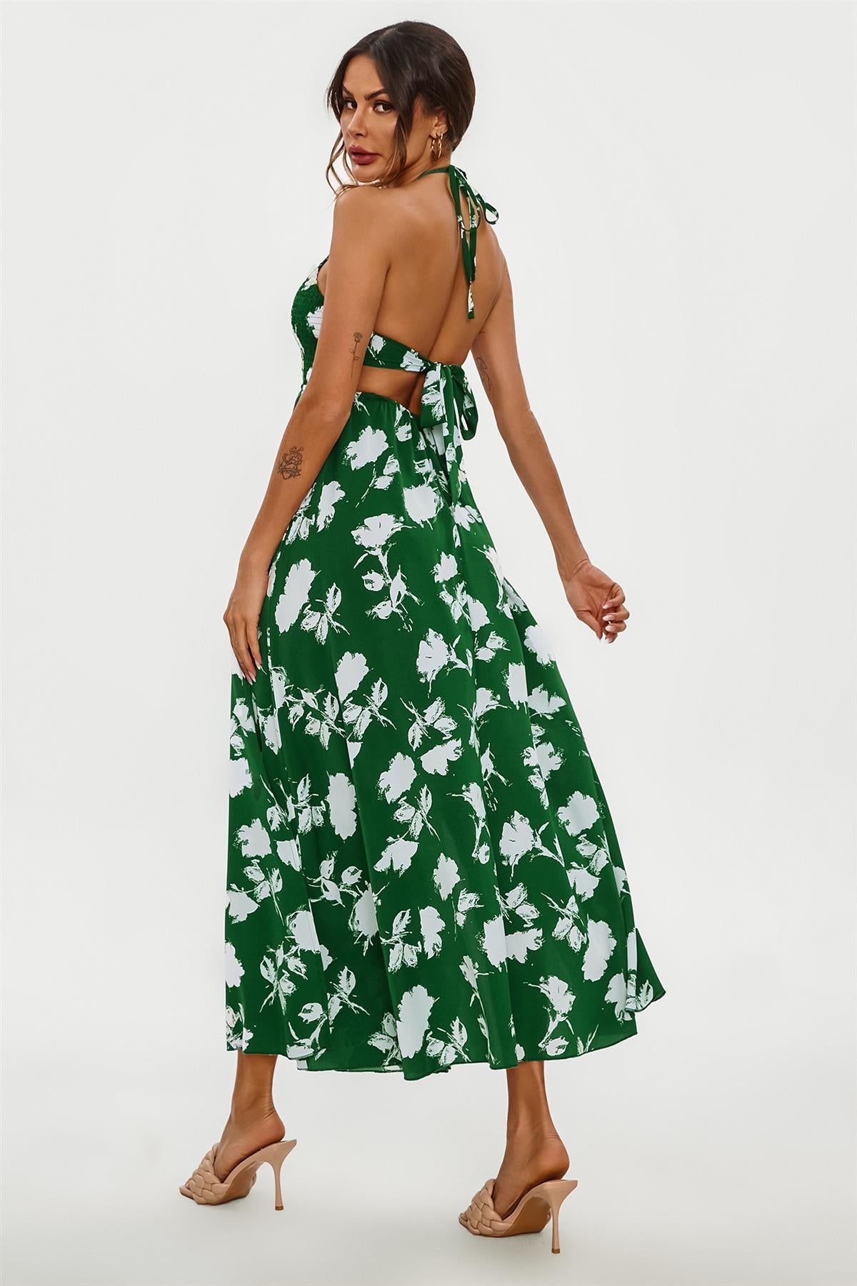 Floral Print Tie Halterneck Back Detail Maxi Dress In Green - AXON