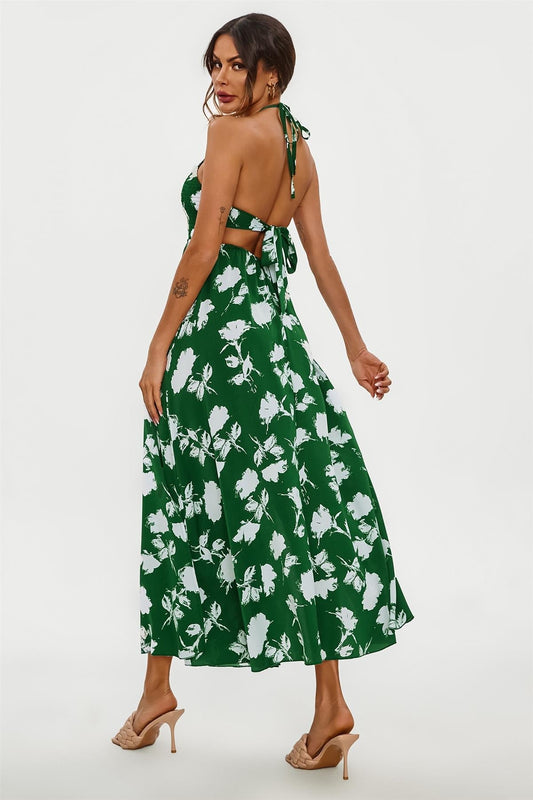 Floral Print Tie Halterneck Back Detail Maxi Dress In Green - AXON