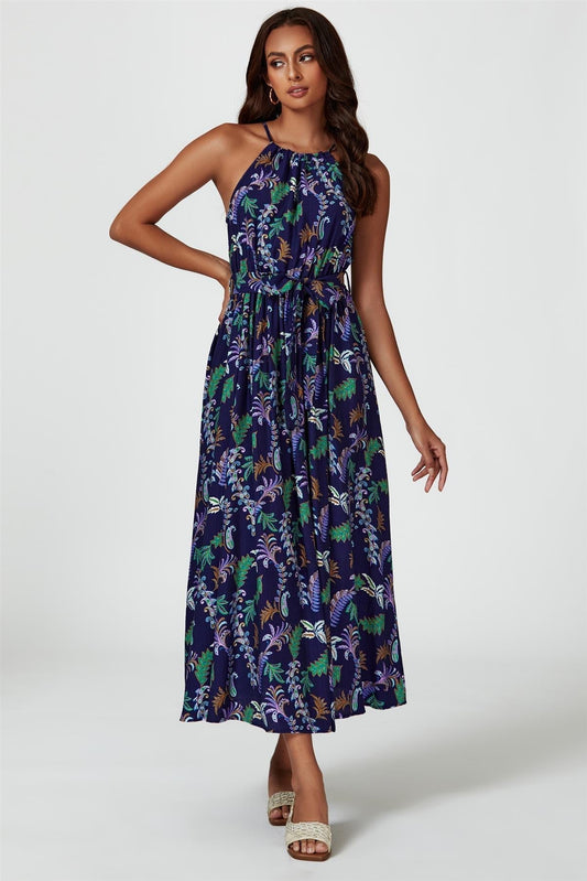 Floral Print Tie Halterneck Maxi Dress In Navy - AXON