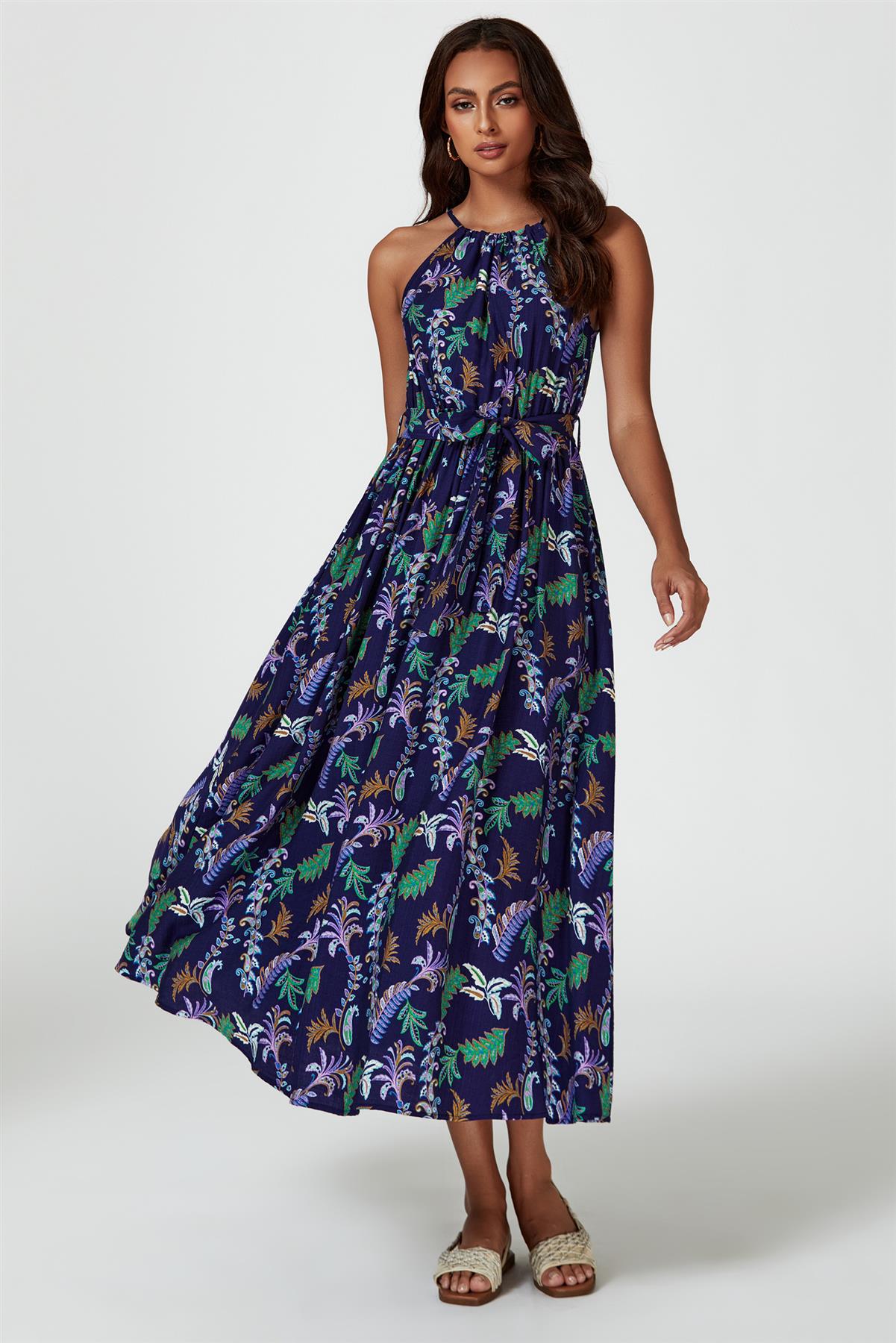 Floral Print Tie Halterneck Maxi Dress In Navy - AXON